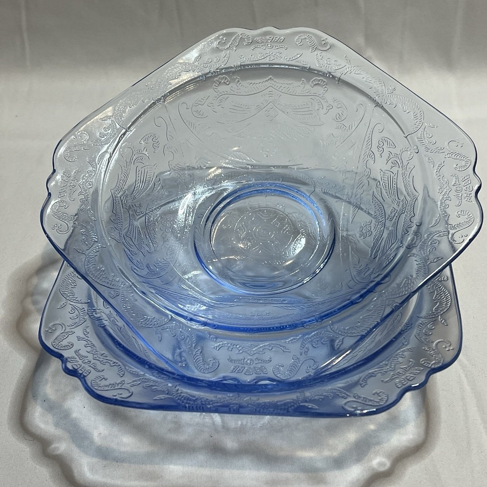 2 Vintage Federal Glass Madrid Depression Blue Soup Salad Bowl 6 3/4" India